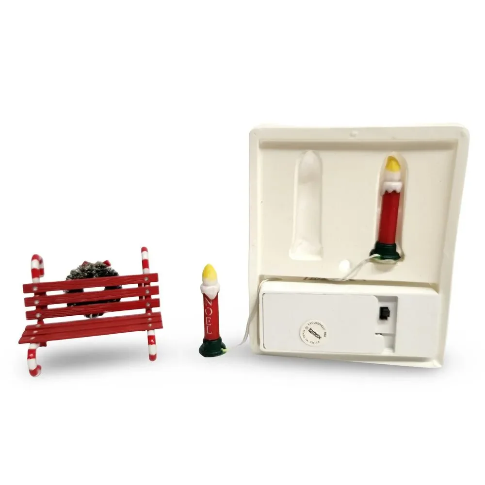 Dept 56 SNOW VILLAGE Candy Cane Bench 52669 + Light Up LeMax Yard Candle VTG